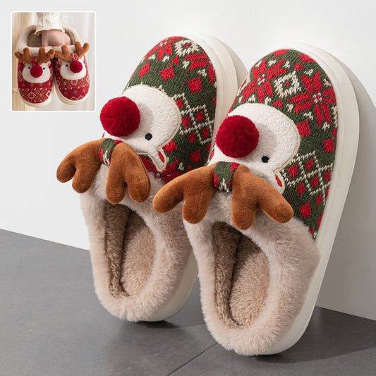 Cute Christmas Elk Plush Slippers Winter Ins Fashion Non-Slip Floor Bedroom Home Slippers for Women Fuzzy House Shoes